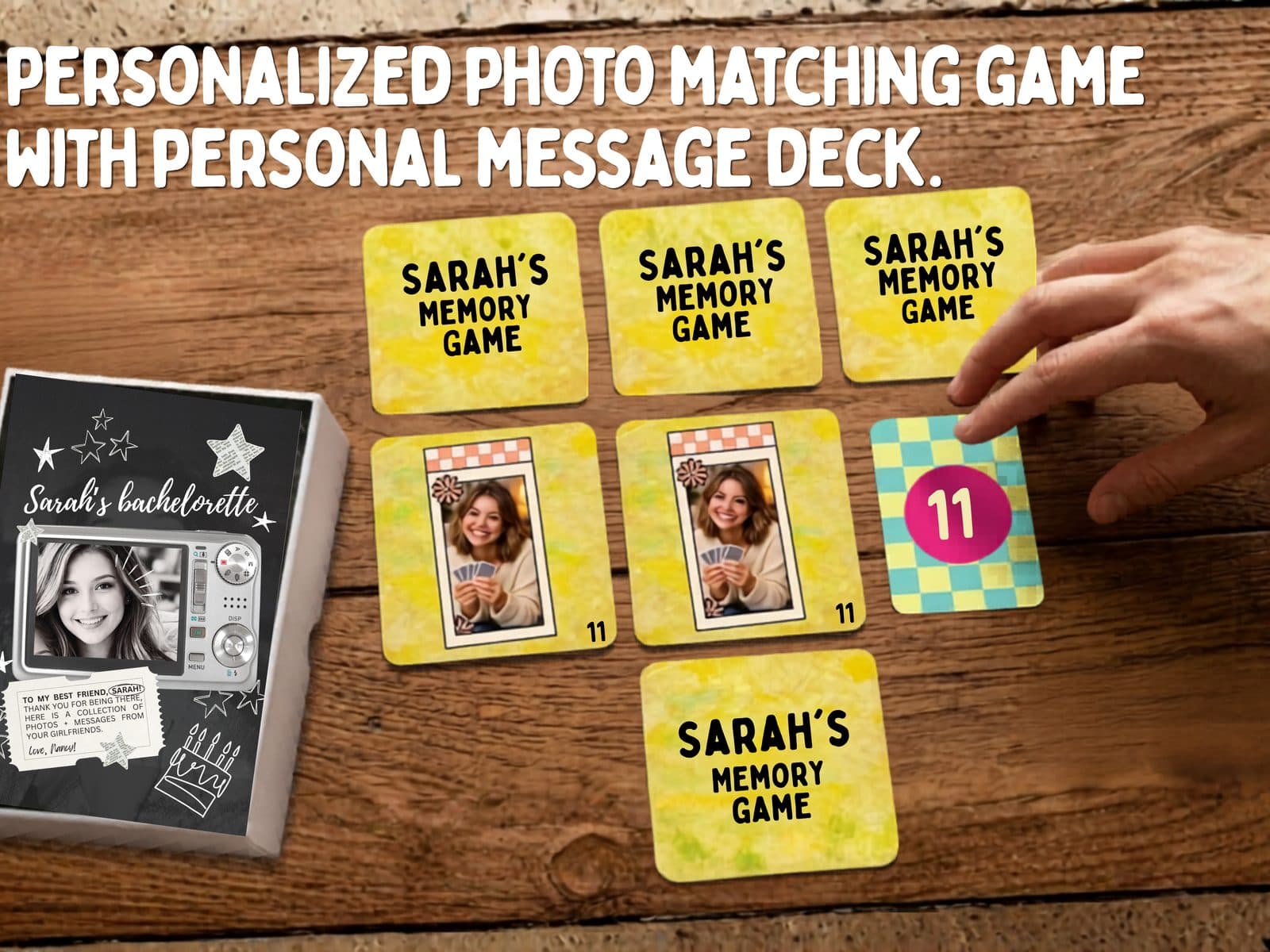 A photo matching game, with a message deck inside.